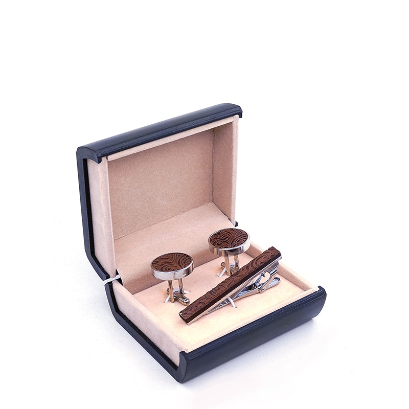 Men's Vintage Wooden Cufflinks and Tie Clip