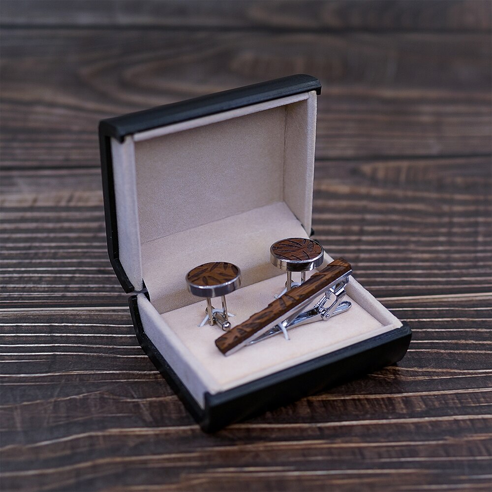 Men's Vintage Wooden Cufflinks and Tie Clip