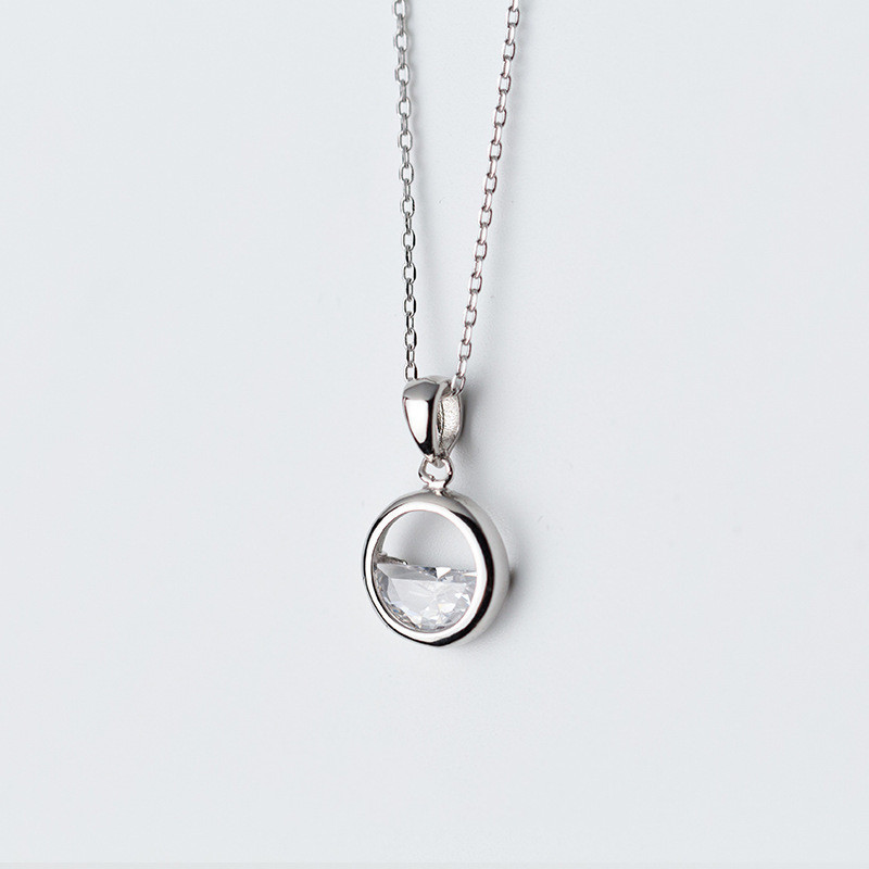 Women's Minimalist Round Crystal Silver Pendant Necklace