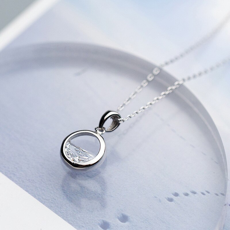 Women's Minimalist Round Crystal Silver Pendant Necklace