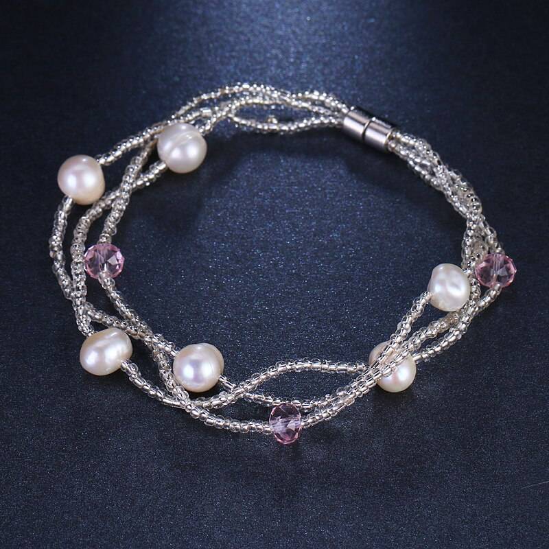Luxury Crystals and Fresh Water Natural Pearls Bracelet for Women