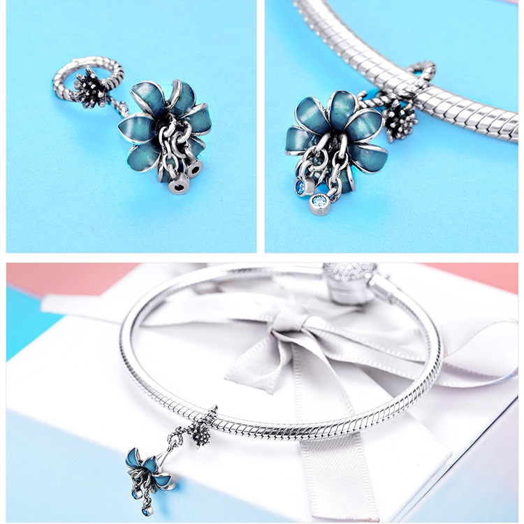 Women's 925 Sterling Silver Blue Flower Shaped Pendant