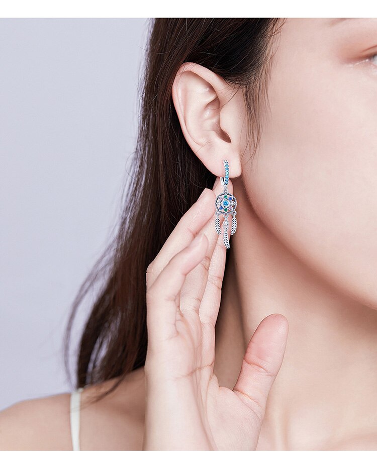 Women's Sterling Silver Bohemian Dream Catcher Shaped Drop Earrings Women's Sterling Silver Bohemian Dream Catcher Shaped Drop Earrings
