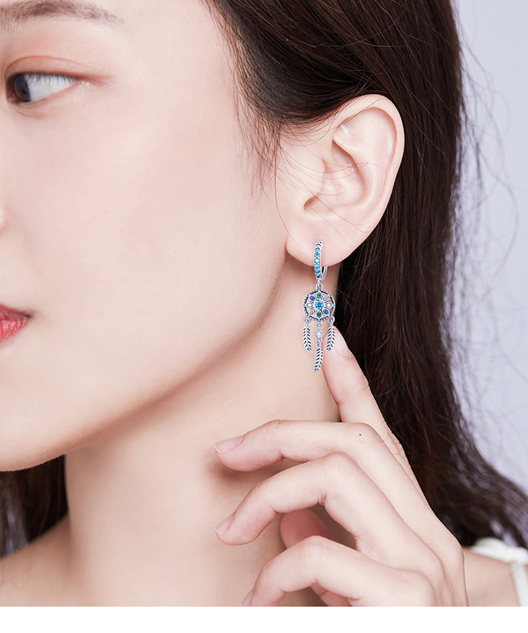 Women's Sterling Silver Bohemian Dream Catcher Shaped Drop Earrings Women's Sterling Silver Bohemian Dream Catcher Shaped Drop Earrings