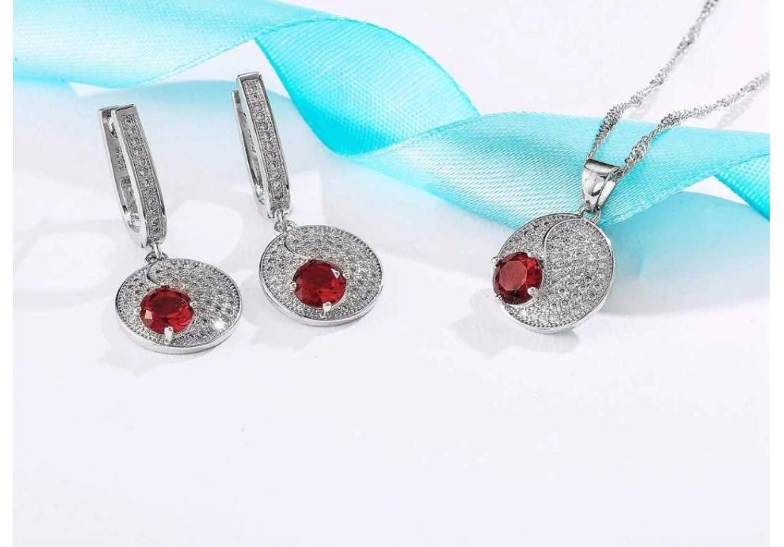 Women's Red Dot 925 Sterling Silver Necklace and Earrings Set