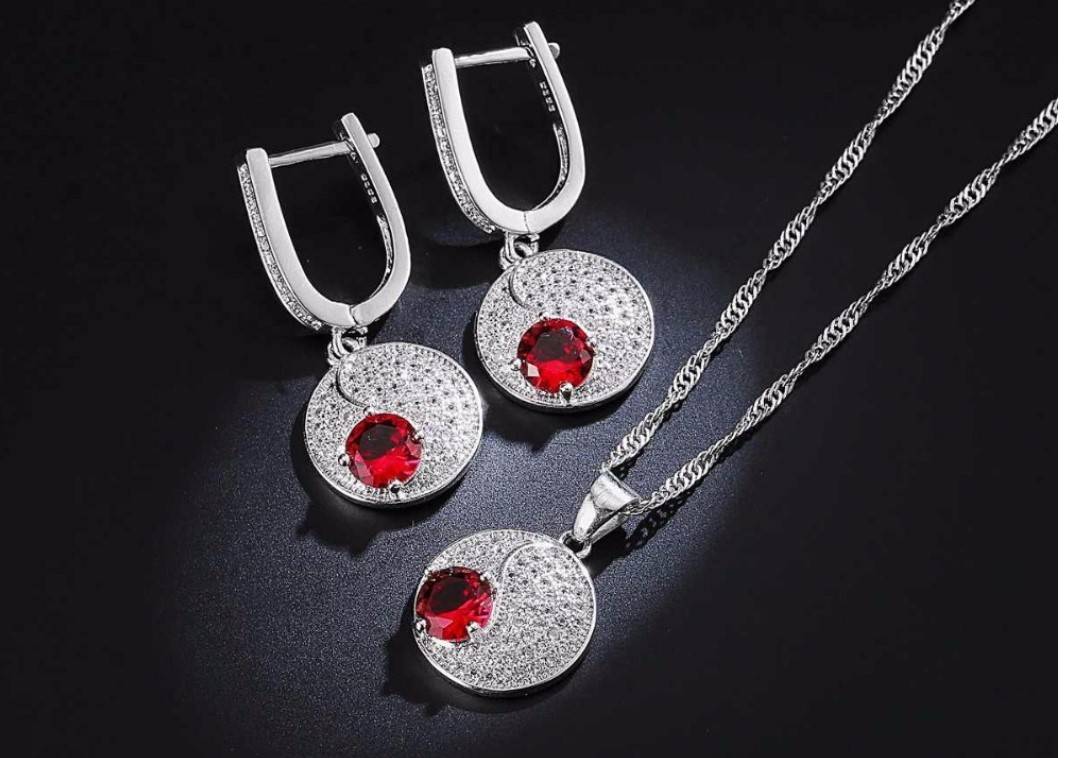 Women's Red Dot 925 Sterling Silver Necklace and Earrings Set