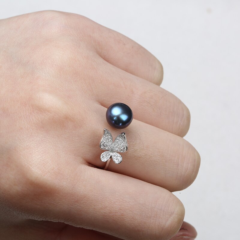 Women's Butterfly Shaped 925 Sterling Silver Ring with Natural Pearl