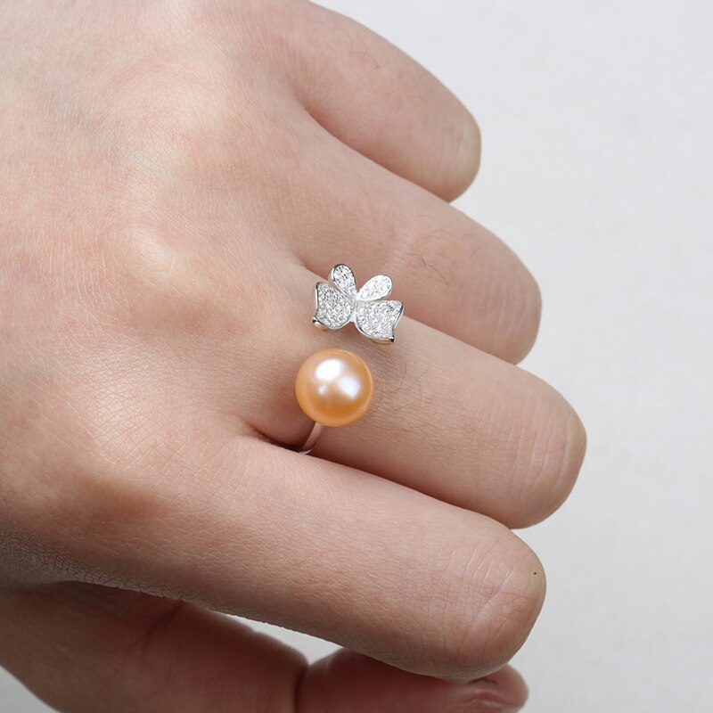 Women's Butterfly Shaped 925 Sterling Silver Ring with Natural Pearl