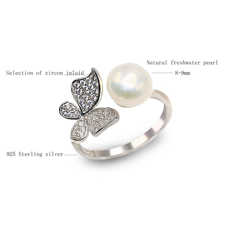Women's Butterfly Shaped 925 Sterling Silver Ring with Natural Pearl