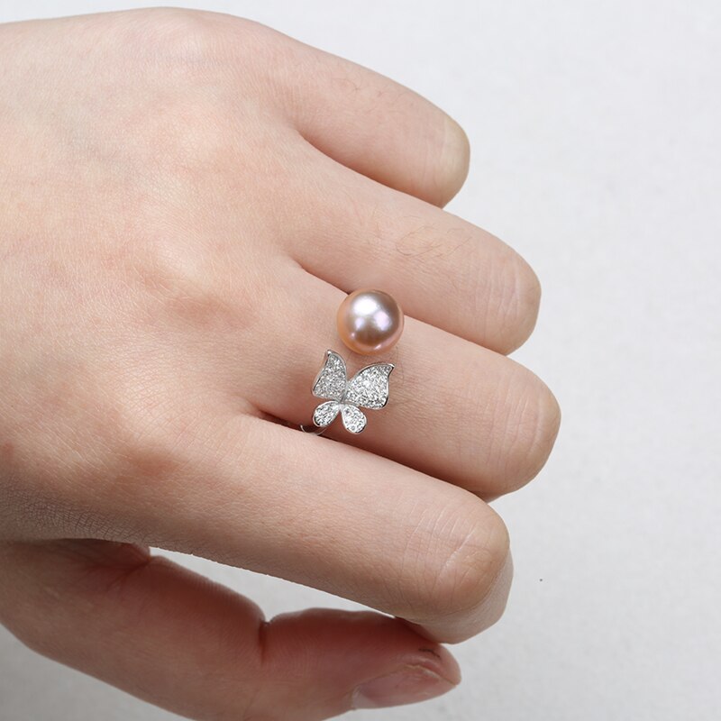 Women's Butterfly Shaped 925 Sterling Silver Ring with Natural Pearl