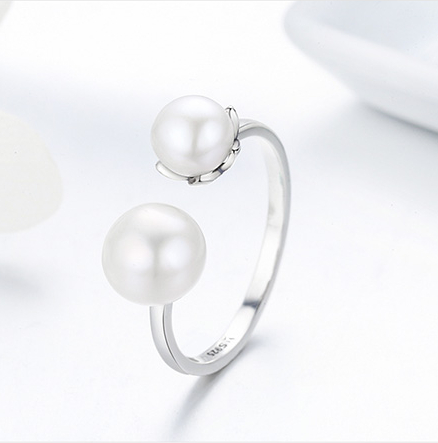 Women's 925 Sterling Silver Double Pearls Ring