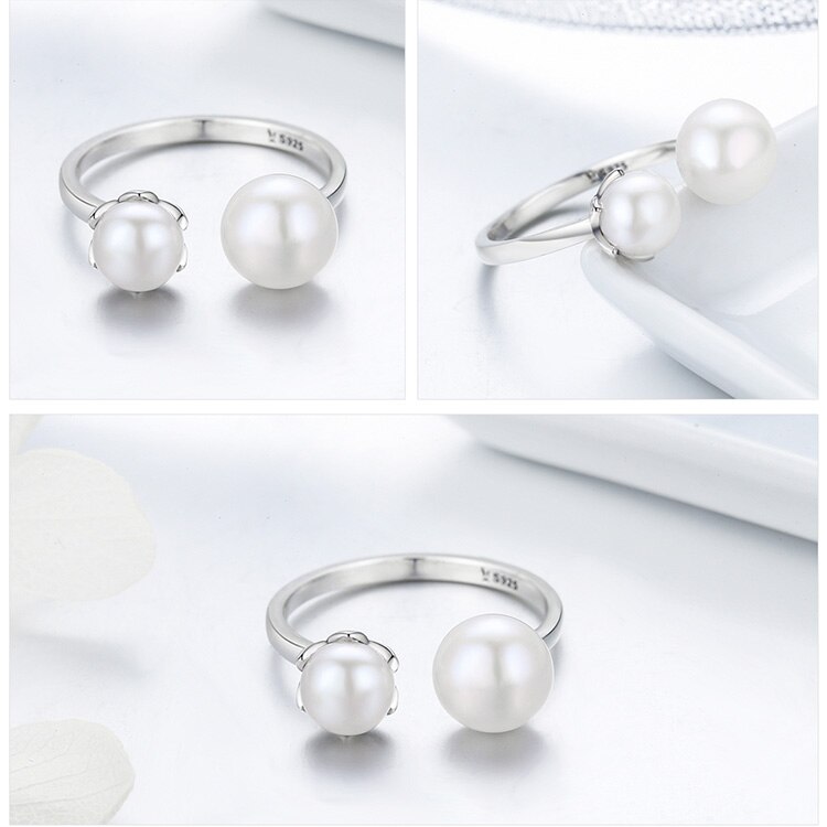 Women's 925 Sterling Silver Double Pearls Ring
