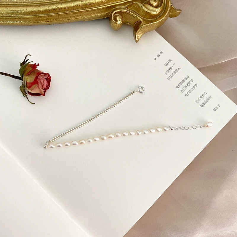 Women's 925 Sterling Silver and Pearl Chain Bracelet