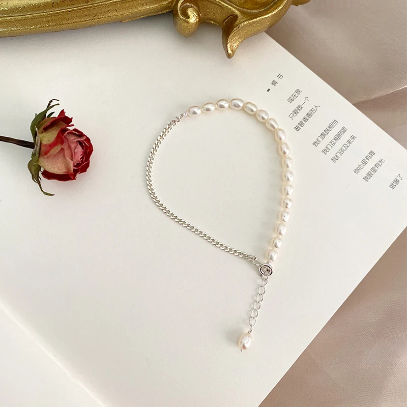 Women's 925 Sterling Silver and Pearl Chain Bracelet