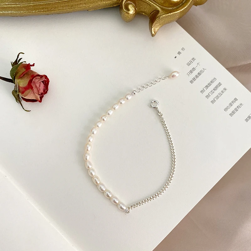 Women's 925 Sterling Silver and Pearl Chain Bracelet