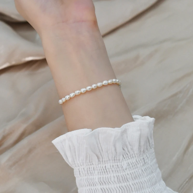Women's 925 Sterling Silver and Pearl Chain Bracelet