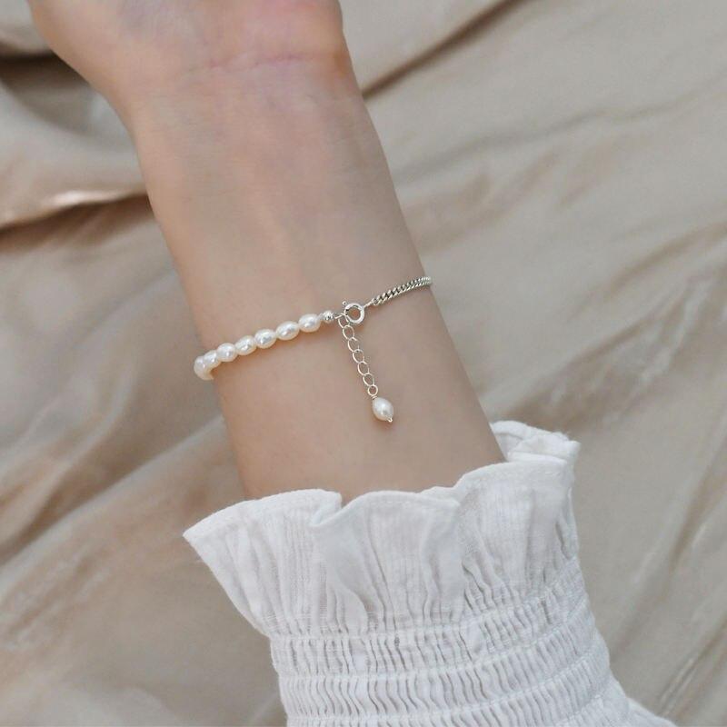 Women's 925 Sterling Silver and Pearl Chain Bracelet