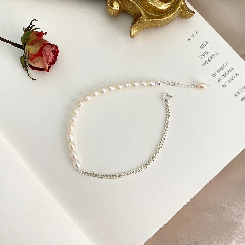 Women's 925 Sterling Silver and Pearl Chain Bracelet