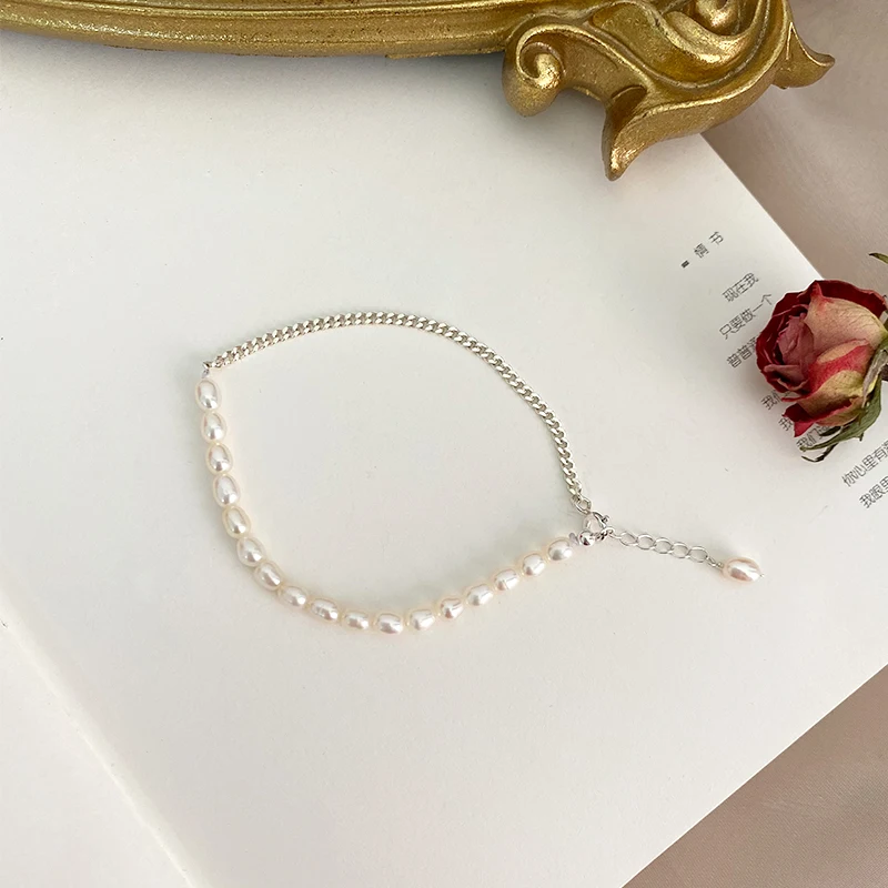 Women's 925 Sterling Silver and Pearl Chain Bracelet