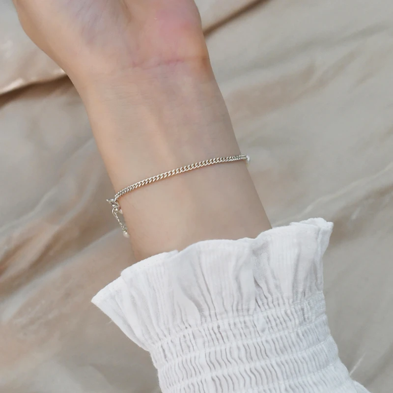 Women's 925 Sterling Silver and Pearl Chain Bracelet