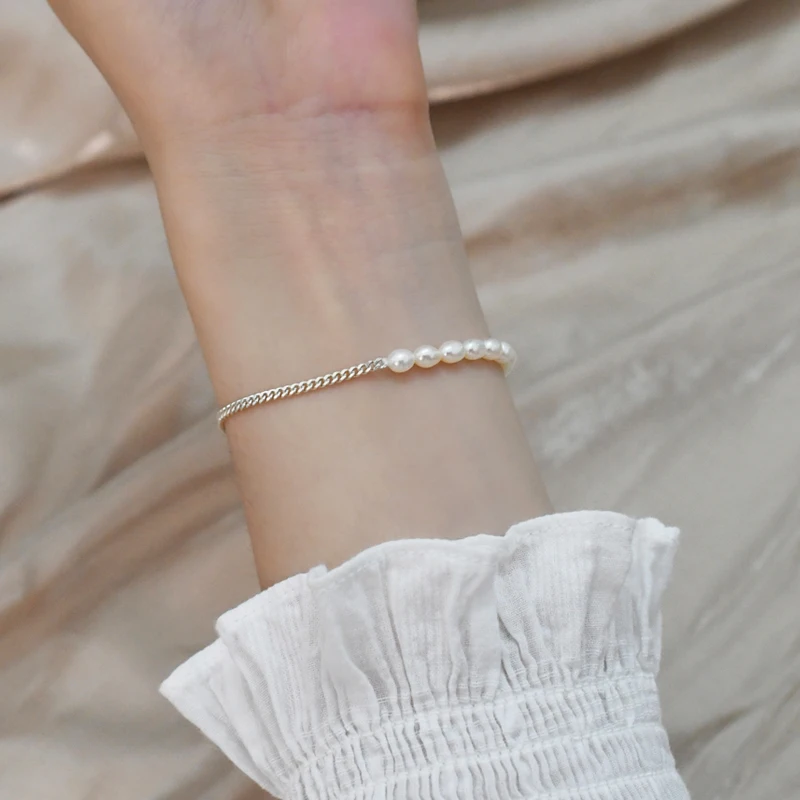 Women's 925 Sterling Silver and Pearl Chain Bracelet