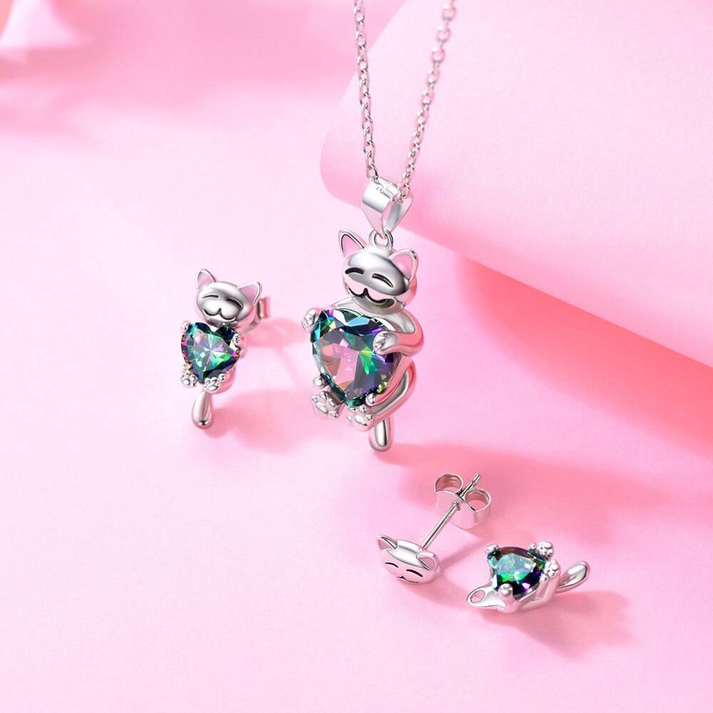 Mystery Topaz Cute Cat Design Women's Jewelry Set