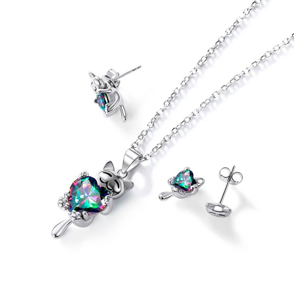 Mystery Topaz Cute Cat Design Women's Jewelry Set